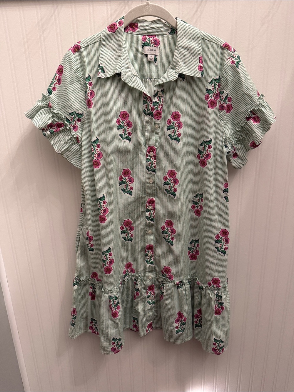 J. Crew Mint Green Striped Tunic with Pink Floral Print